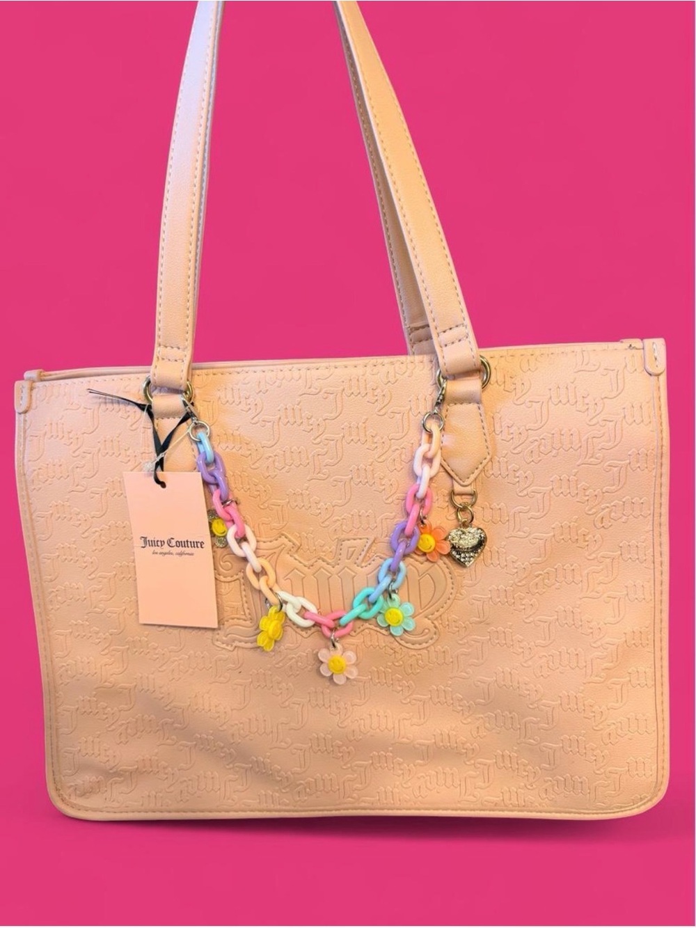 NWT Juicy Couture Pastel Pink Tote with Multicolor Floral Charm Chain